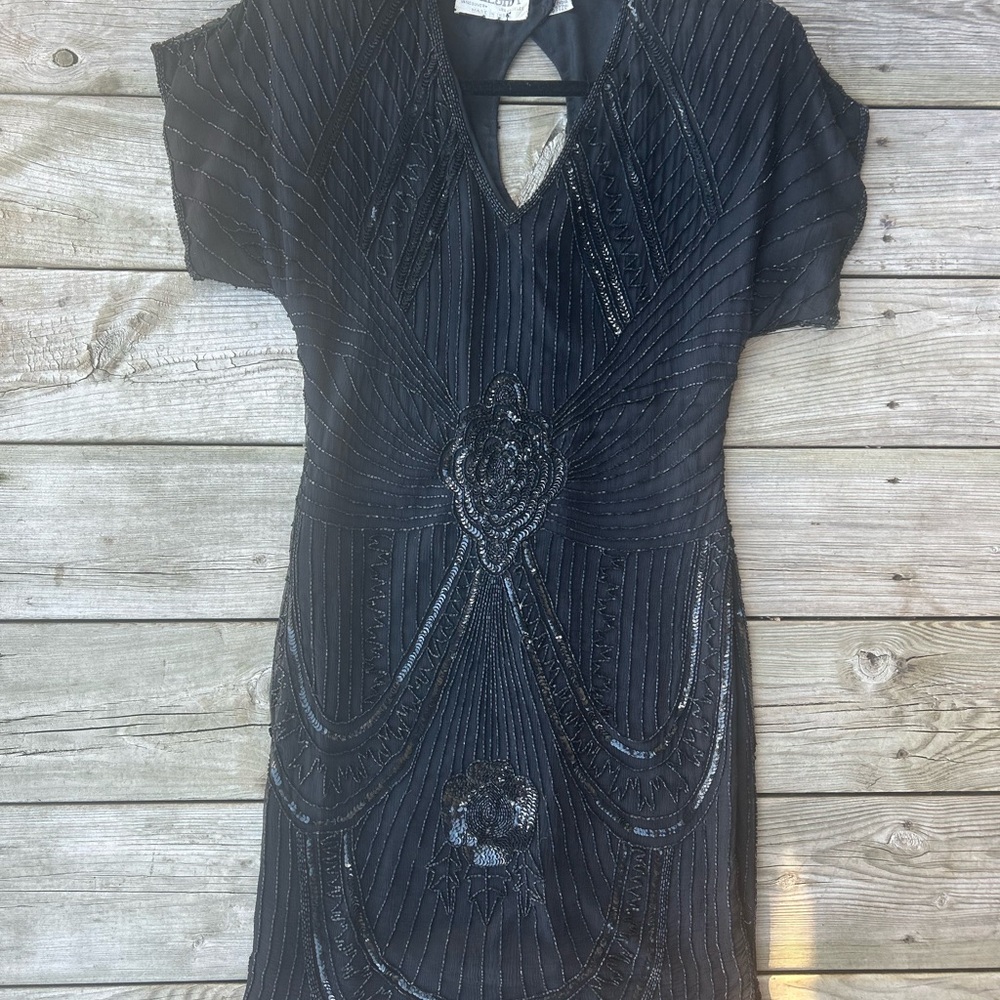 Vintage 100% Silk Beaded Black Cocktail Dress Freesha Art Deco